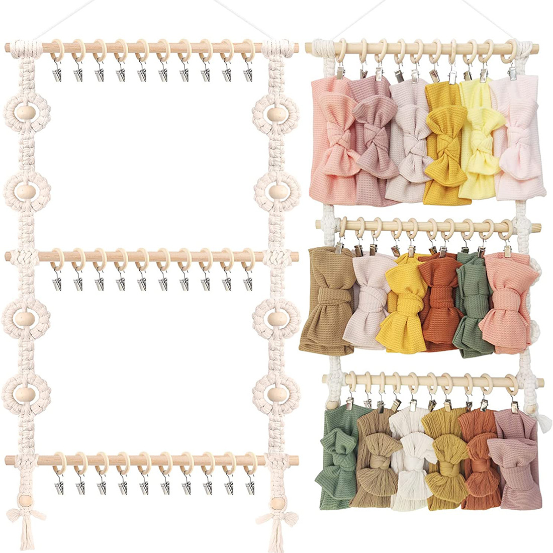 Baby Nursery Decor Ideas - Macrame แขวนผนัง Boho ผู้ถือแถบคาดศีรษะผม Bows สําหรับหญิง,