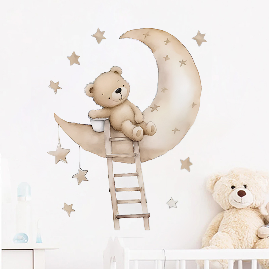 Baby Nursery Decor Ideas - หมีน่ารัก Star Cloud สติ๊กเกอร์ติดผนังสําหรับห้องพักเด็กเด็กหญิงเด็กห้องนอนตกแต่ง Kawaii การ์ตูนสัตว์วอลล์เปเปอร์ไวนิล