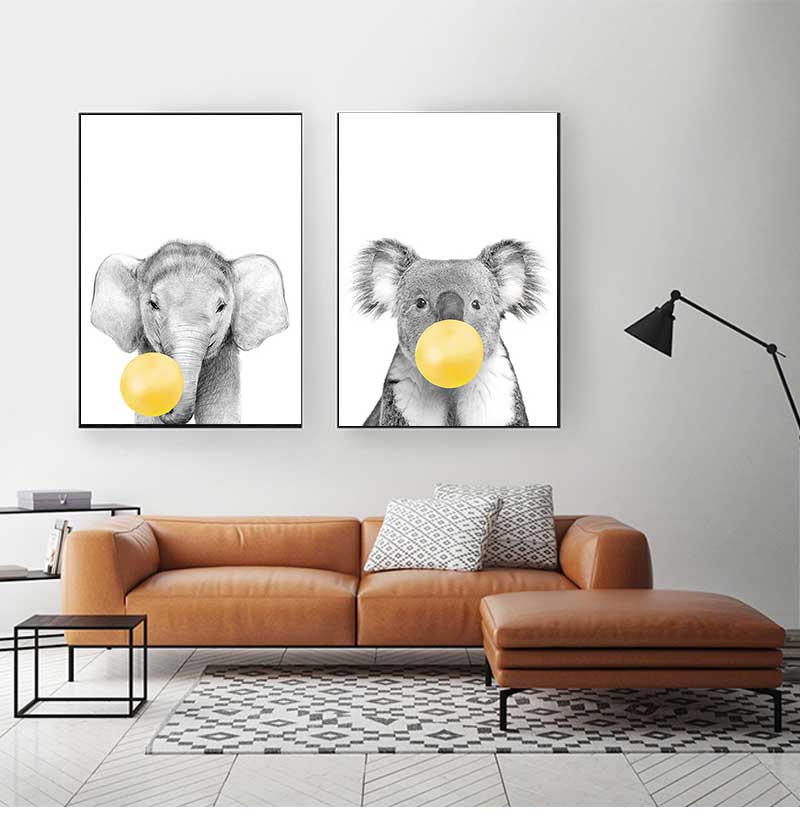Baby Nursery Yellow Walls - เด็กทารกลูกโป่งสีเหลืองสัตว์ Wall Art พิมพ์โปสเตอร์ ZEBRA Koala