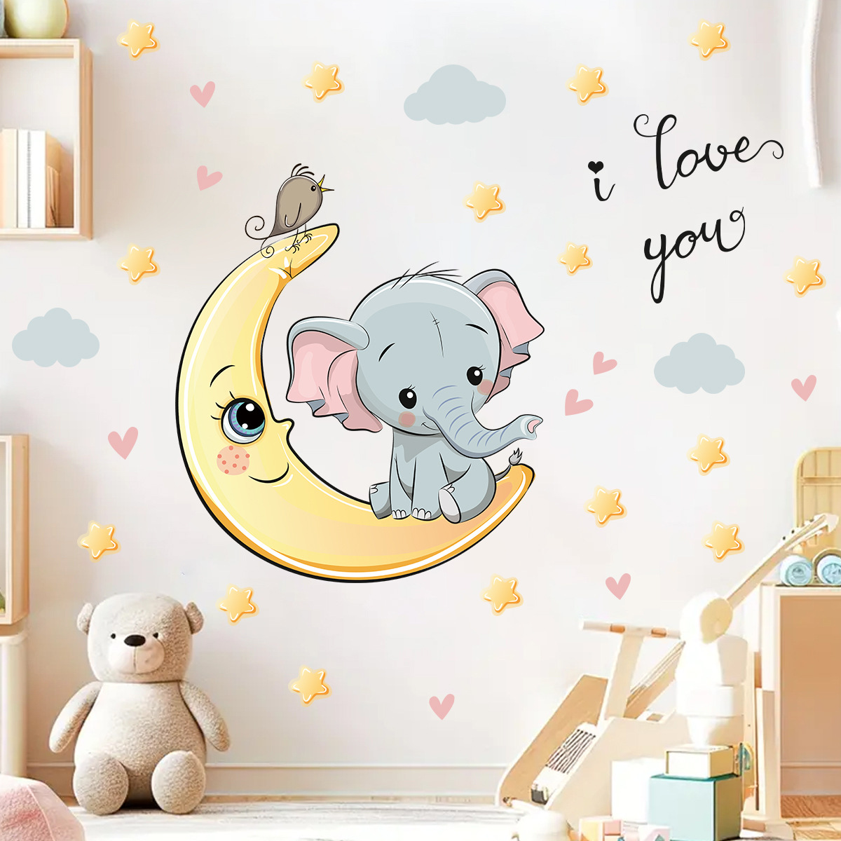 Baby Nursery Elephant - การ์ตูน Moon Good Night Elephant สติ๊กเกอร์ติดผนัง