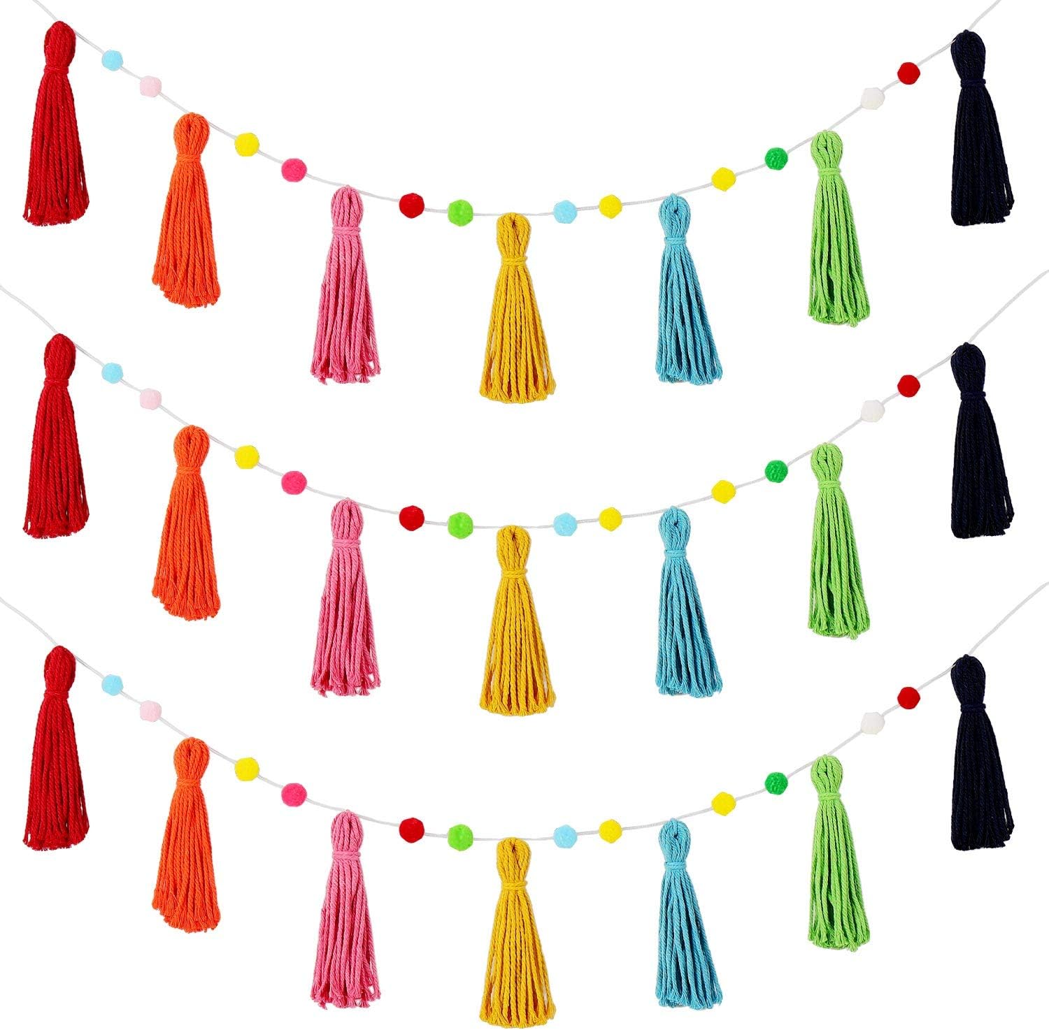 Baby Nursery Garland - 3 ชิ้นสีสันสดใส Boho พู่ Garland Pom