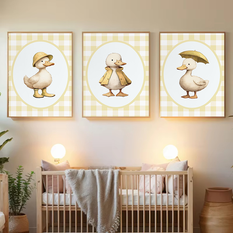 Baby Nursery Yellow Walls - ภาพพิมพ์บนผ้าใบลายตารางสีเหลืองรูปเป็ดน้อยน่ารักสำหรับตกแต่งห้องเด็กอ่อน ภาพวาดสัตว์น้อยสำหรับตกแต่งบ้านและห้องเด็ก