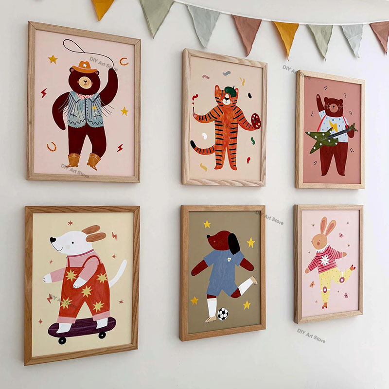 Baby Nursery Prints - ภาพวาดการ์ตูนสัตว์น่ารักสำหรับตกแต่งผนังห้องเด็ก ภาพพิมพ์บนผ้าแคนวาส หมี เสือ กระต่าย หนู