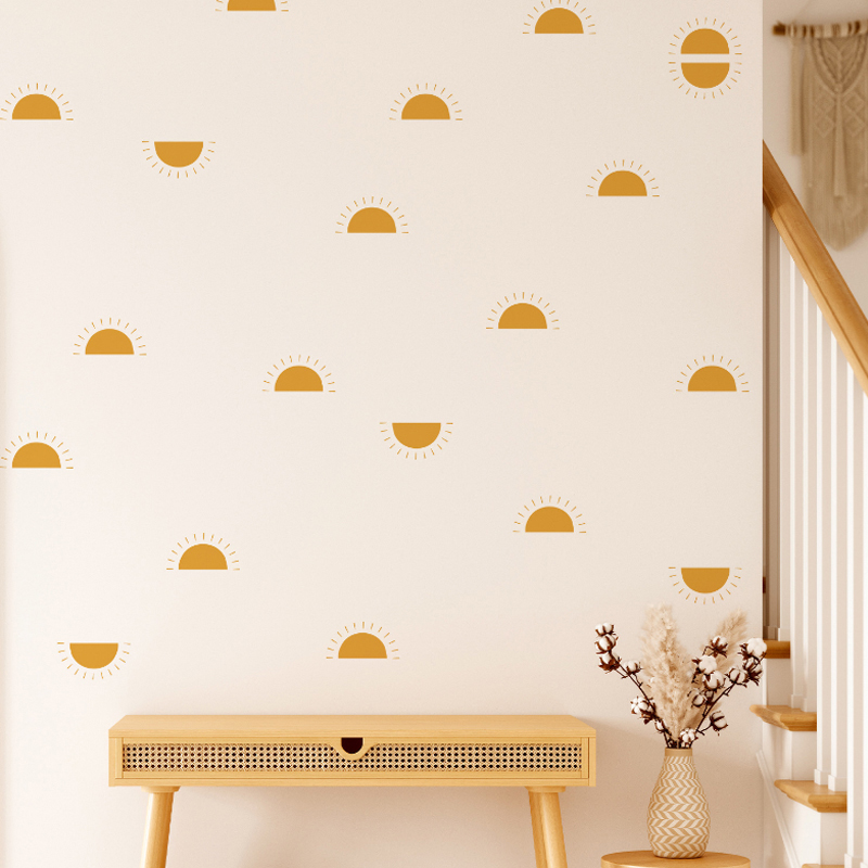 Baby Nursery Yellow Walls - Boho สติกเกอร์วินเทจแบบนอร์ดิกสติ๊กเกอร์ตกแต่งบ้านติดผนังสีเหลืองสีส้มครึ่งห้องนั่งเล่น
