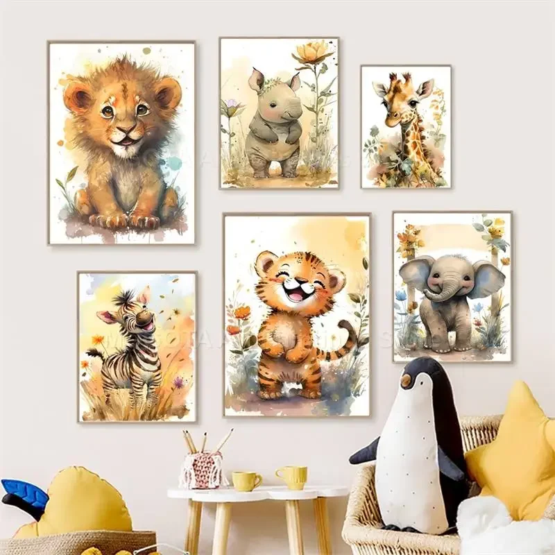 Baby Nursery Elephant - ภาพวาดสีน้ำ ลายสิงโต ยีราฟ เสือ ช้าง ม้าลาย