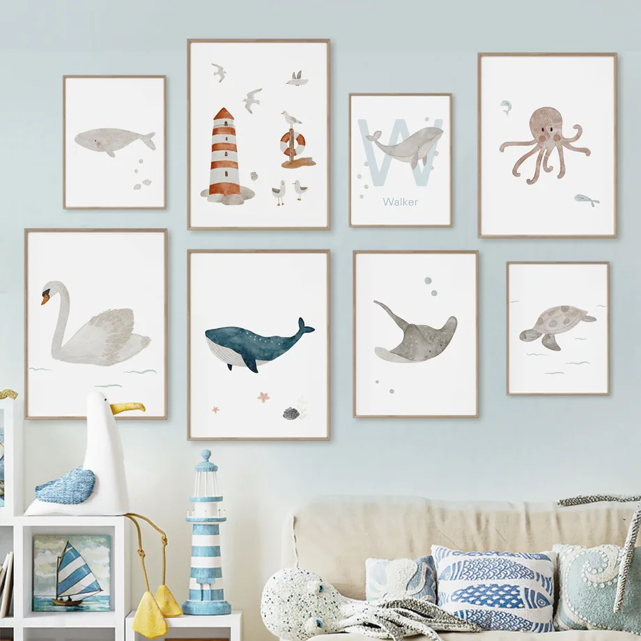 Baby Nursery Prints - ภาพวาดบนผ้าแคนวาสลายสัตว์ทะเล วาฬ ปลาหมึก เต่า หงส์ สำหรับตกแต่งห้องเด็กและห้องทารก