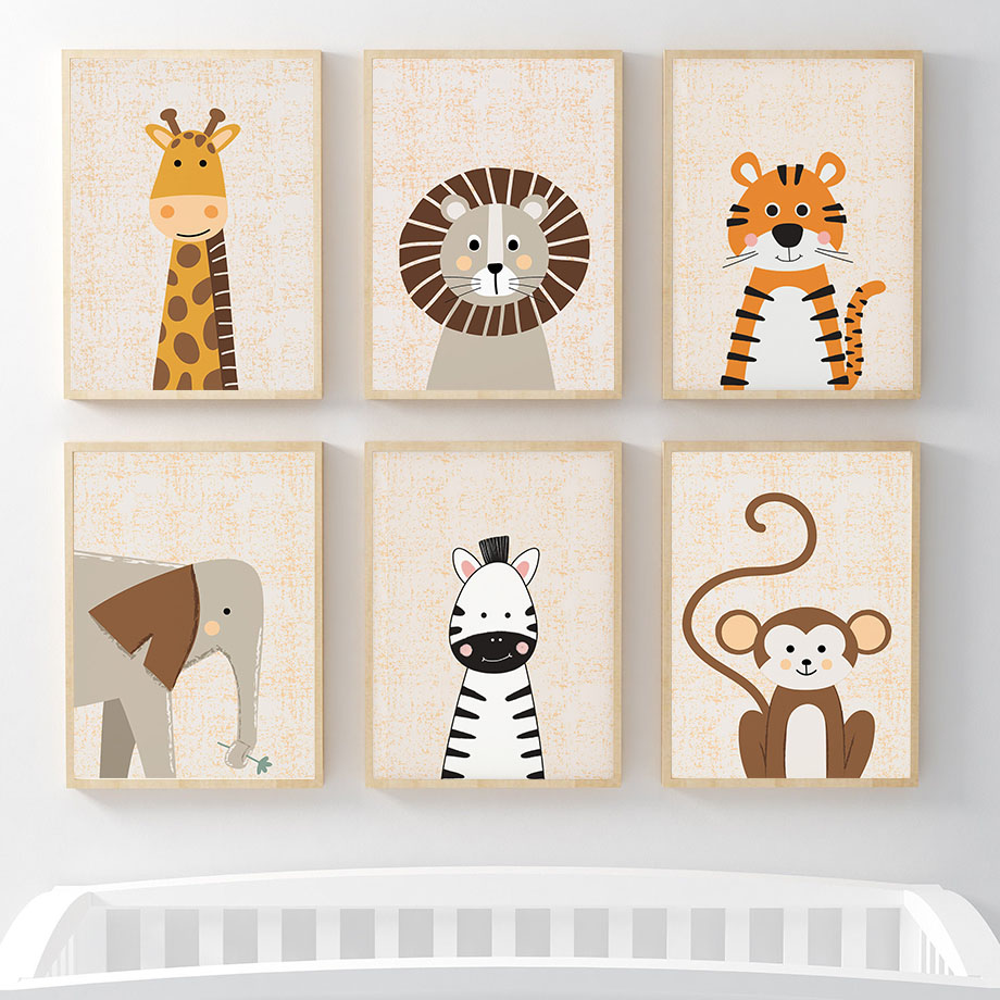 Baby Nursery Elephant - ภาพวาดบนผ้าใบลายสิงโต ยีราฟ ช้าง ม้าลาย ลิง สำหรับตกแต่งผนังห้องเด็ก