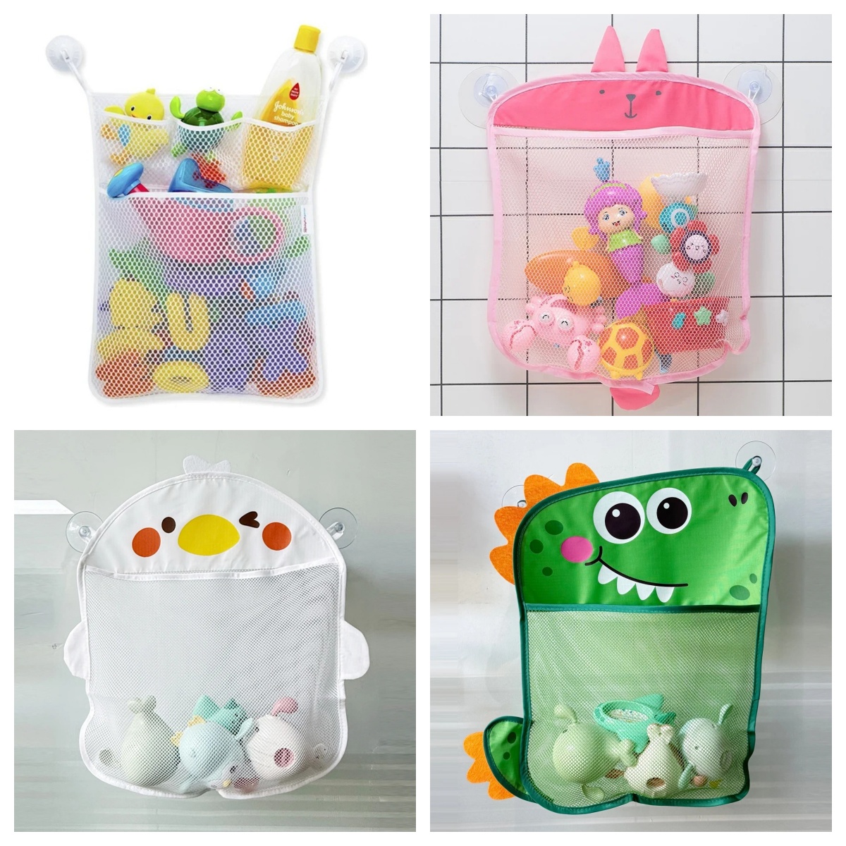 Storage Basket Fabric - ถุงตาข่ายใส่ของเล่นในห้องน้ำเด็ก ลายการ์ตูนรูปสัตว์ ถุงตาข่ายเก็บของเล่นทราย พร้อมที่ดูดติดผนัง สำหรับเด็ก ตะกร้าใส่ของเล่นอาบน้ำเด็ก