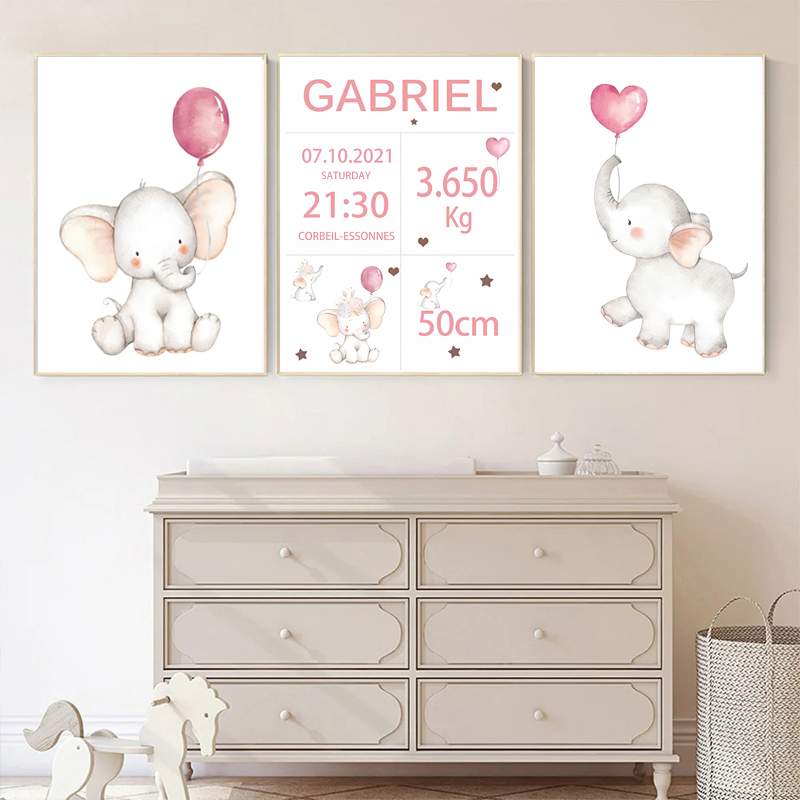 Baby Nursery Elephant - เด็กสีชมพูที่กําหนดเองชื่อวันที่เกิดภาพวาดผ้าใบบอลลูนช้างดอกไม้โปสเตอร์ศิลปะเด็กภาพ Nordic เนอสเซอรี่ Decor