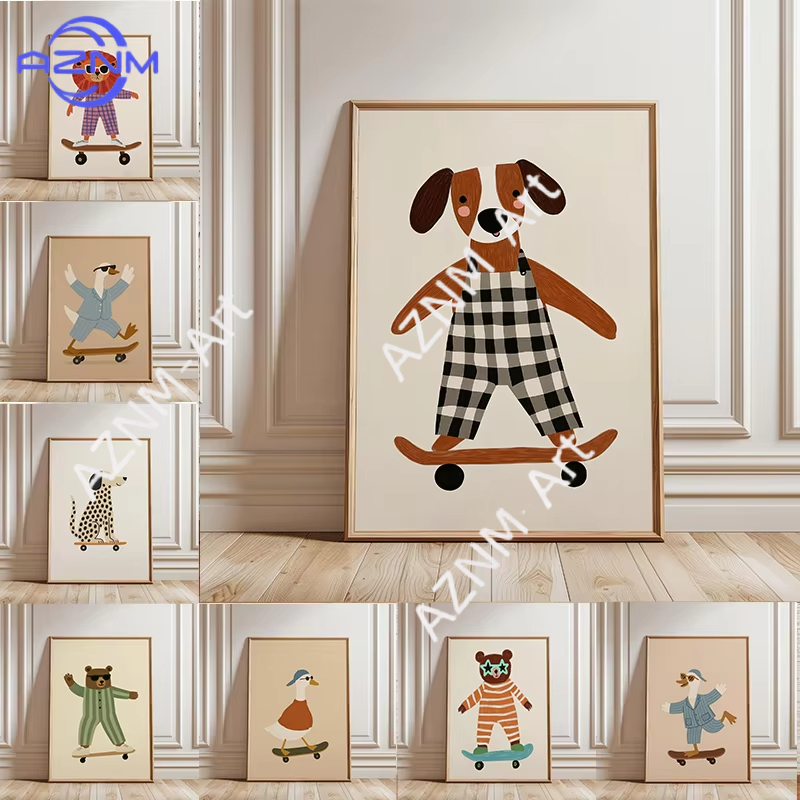 Baby Nursery Prints - โปสเตอร์สัตว์ตลกเล่นสเก็ตบอร์ด 1 ชิ้น ภาพพิมพ์บนผ้าใบลายห่าน เป็ด สุนัข