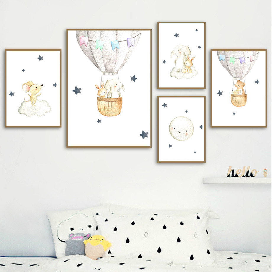 Baby Nursery Elephant - ช้างกระต่ายหมีบอลลูน Moon Nursery Wall Art ภาพวาดผ้าใบ