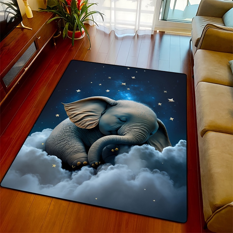 Baby Nursery Elephant - พรมลายช้างแสนหวานสำหรับห้องเด็ก | การออกแบบเมฆยามค่ำคืนที่เต็มไปด้วยดวงดาว | พรมปูพื้นนุ่มสำหรับห้องเด็ก ป้องกันการลื่น