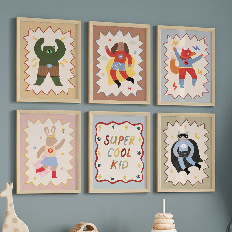 Baby Nursery Prints - ภาพวาดการ์ตูนตลกๆ สุดเท่ห์ สำหรับตกแต่งผนังห้องเด็ก ลายหมี กระต่าย สุนัขจิ้งจอก