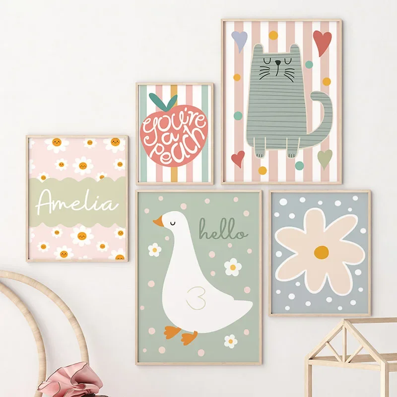 ภาพวาดบนผ้าใบลายการ์ตูนแมว เป็ - Baby Nursery Prints บทวิจารณ์และราคา