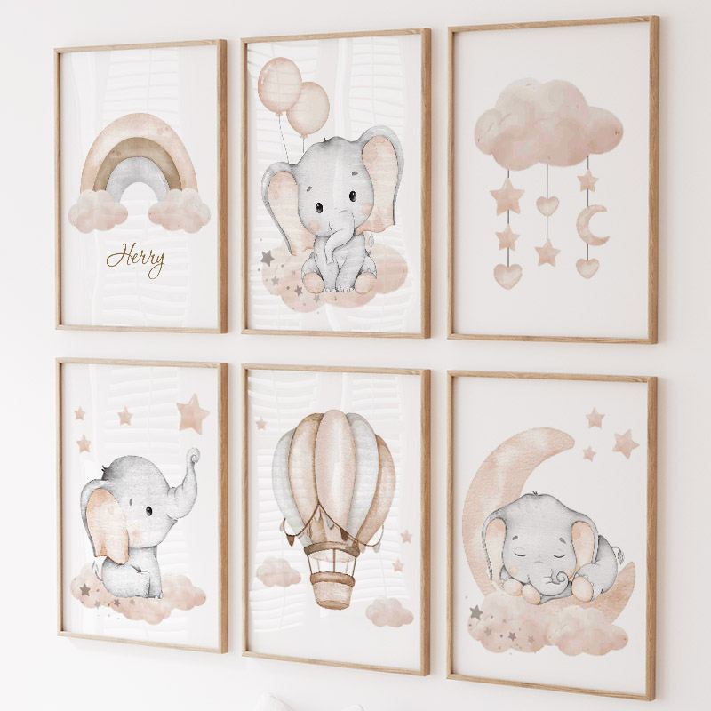 ช้างน่ารักร้อนบอลลูน Moon Rain - Baby Nursery Prints บทวิจารณ์และราคา